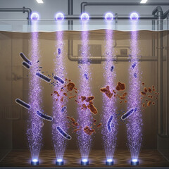 detailed diagram illustrating the UV advanced oxidation process for water treatment, showing how intense ultraviolet light breaks down organic contaminants and disinfects water.