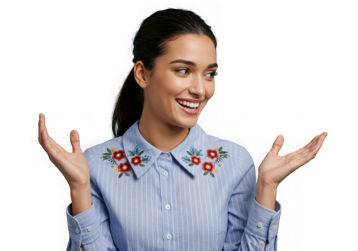 Smiling woman with raised hands isolated on transparent background