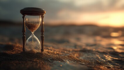 Hourglass on sand at sunset