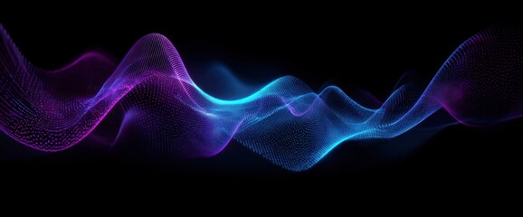 Abstract wavy lines of vibrant purple and blue particles against a dark background