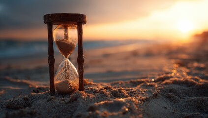 Hourglass on a beach at sunset