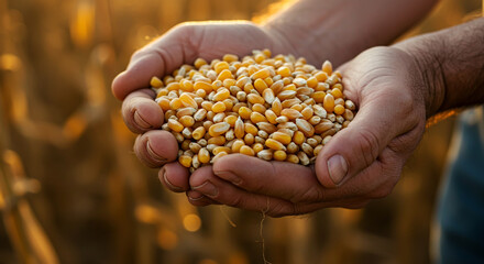 Detail of a farmer's hands cradling a generous handful of ripe corn kernels, a concept of bountiful harvest and food supply