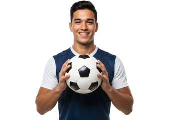 A smiling young man in a jersey holding a soccer ball, ready for a game or practice