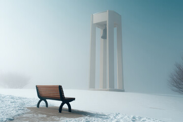 mystical winter morning reveals silhouette of bell tower engulfed in fog