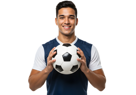 A smiling young man in a jersey holding a soccer ball, ready for a game or practice