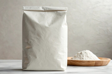 Blank Paper Bag with Flour on a Table