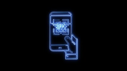 Glowing neon QR code icon animation with black background. HD digital scan payment video loop - Powered by Adobe