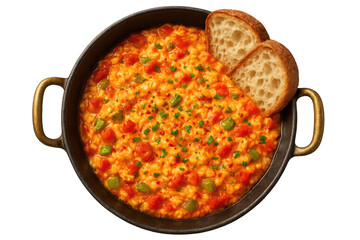 Delicious menemen served with bread, isolated on transparent background shot