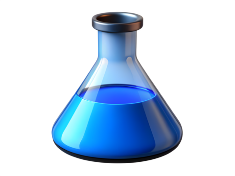 Glass erlenmeyer flask filled with vibrant blue liquid on a black background