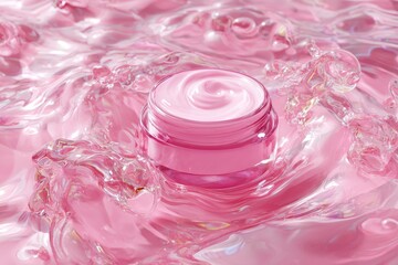 Pink cosmetic cream in a jar, surrounded by swirling pink water