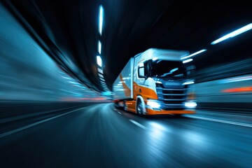 A semi-truck speeds through a dark tunnel
