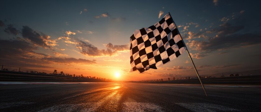 Checkered flag waving over a race track at sunset (1) - Powered by Adobe