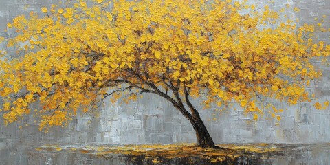 Autumnal tree in a misty gray landscape