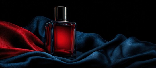 Luxurious perfume bottle on dark fabric