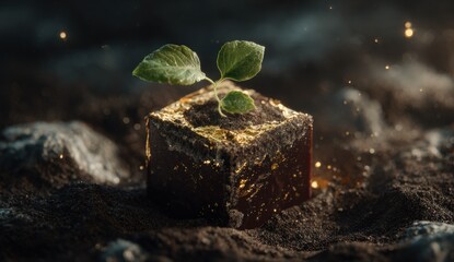 A small plant sprouts from a dark cube in dark soil