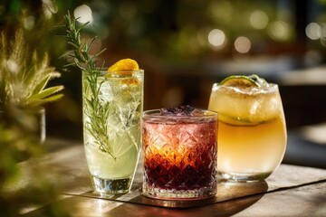 Three colorful drinks on a table outdoors