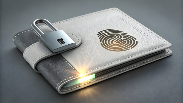 Illustration of secure digital wallet with fingerprint and padlock for online payment and transaction, 3d rendering