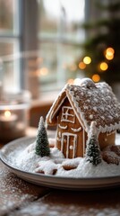 Cozy miniature gingerbread cottage on ceramic plate