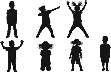 Silhouette of active children in playful standing poses, energetic kids jumping, dancing, stretching, childhood fun, movement expression, joy concept