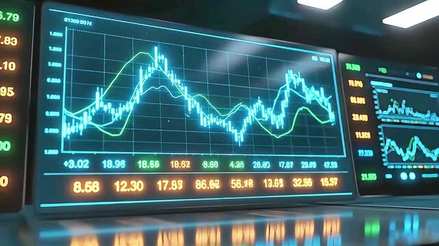 Financial analyst monitoring stock market data on digital trading screens showing fluctuating graphs and technical indicators