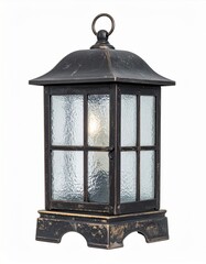 Detailed Black and Gold Outdoor Lantern with Textured Glass on White Background