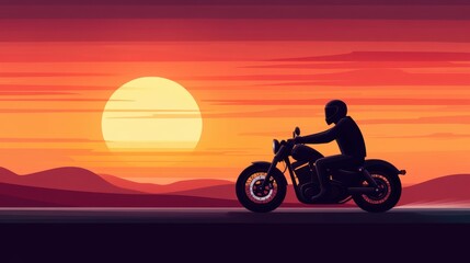 Motorcycle Rider Silhouette Against Vibrant Sunset Landscape Background