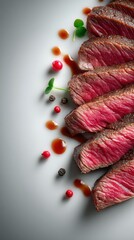 Perfectly seared sliced steak with glossy reduction sauce