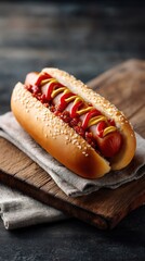 Sesame seed hot dog with relish and ketchup toppings