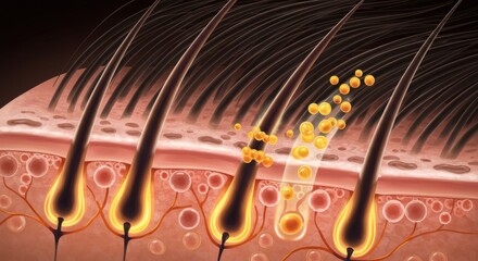 Hair follicles with molecular interaction in human skin illustration  