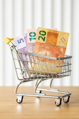 Brazil money. A shopping cart with Brazilian real.  Financial and economic concept. Growing cost of living in Brasil, rising prices of goods and services. Vertical photo