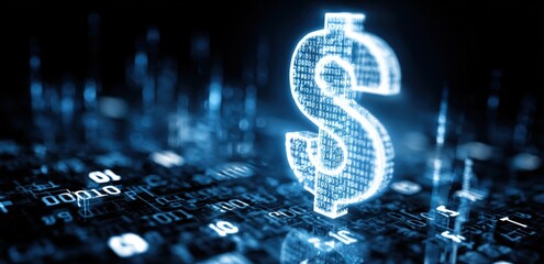 Digital dollar sign over a network of binary code