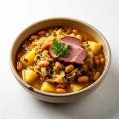 A bowl of steaming Jota, a traditional soup from Trieste, Italy, is presented against a clean white background. A steaming bowl of traditional Jota.