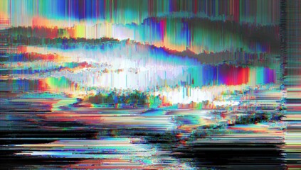 Distorted landscape with vibrant glitch effects