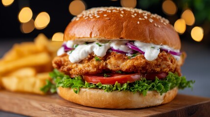 Delicious fried chicken burger with fresh vegetables, crispy lettuce, and creamy sauce served on a wooden board alongside golden fries, creating a mouthwatering culinary experience