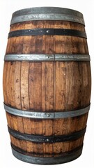 Fototapeta premium Detailed Studio Shot of a Rustic Wooden Barrel with Metal Hoops on White Background