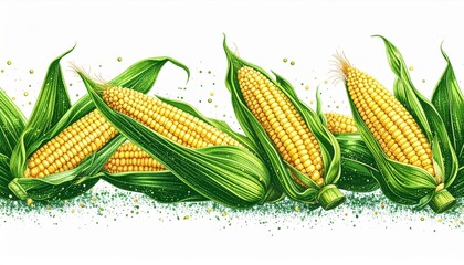 Detailed Pixel Art of Ripe Corn Cobs with Green Husks in Flat Lay Arrangement on White Background