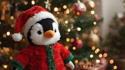 Adorable plush penguin in a festive Santa outfit, surrounded by a beautifully decorated Christmas tree