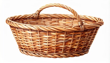 Obraz premium Wicker Basket with Curved Handle on White Background a Classic Container with Natural Texture and Neutral
