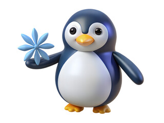 Obraz premium Cute cartoon penguin holding a snowflake against a black background