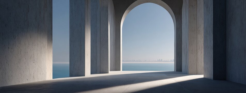 Modern concrete archway overlooking ocean - Powered by Adobe