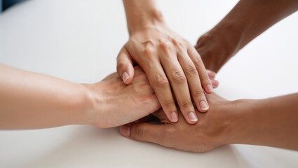 Obraz premium Diverse hands stacked together in unity on white table