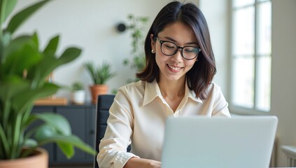 A happy young Asian professional woman with glasses works on her laptop in a bright, modern office filled with green plants.