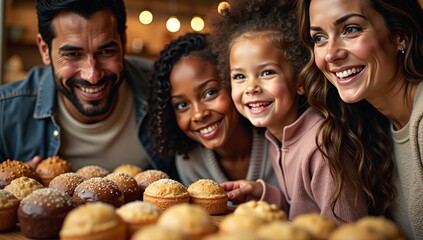 A happy and diverse family with a young child smiles joyfully, gathered together around a table with freshly baked muffins.