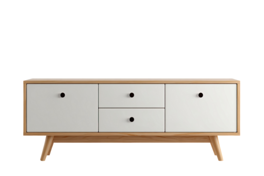 White TV stand with light-colored wood legs
