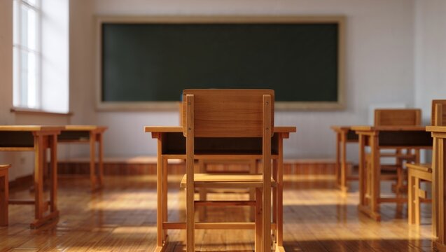 Empty classroom with wooden desks and chalkboard