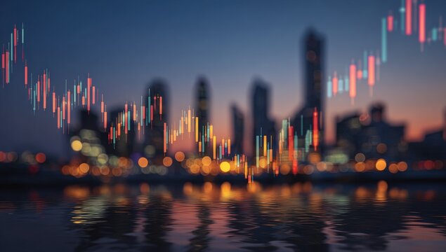 Abstract city skyline at twilight with financial data overlay