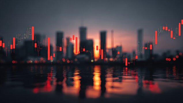 Abstract cityscape at sunset with financial charts