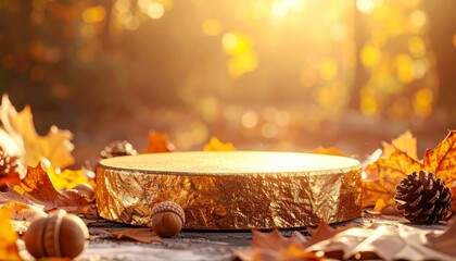 Golden Podium with Autumn Leaves and Pine Cones on a Wooden Surface in Warm Sunlight