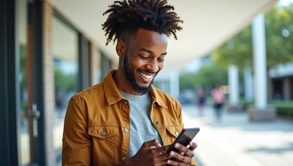 A happy and stylish young Black man with a cool hairstyle smiles while using his smartphone outdoors in a modern city setting.