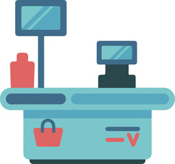 Obraz premium Flat design checkout counter with monitor scanner and shopping bag for retail and e-commerce services vector . eps